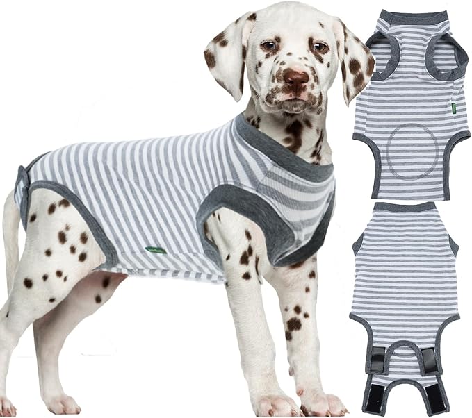 Dog Surgery Recovery Suit,Male Neuter Recovery Large Onesie Female Spay Cone Alternative Recovery Suit,Hoop & Loop Comfortable Surgical Bodysuit,Striped Grey L