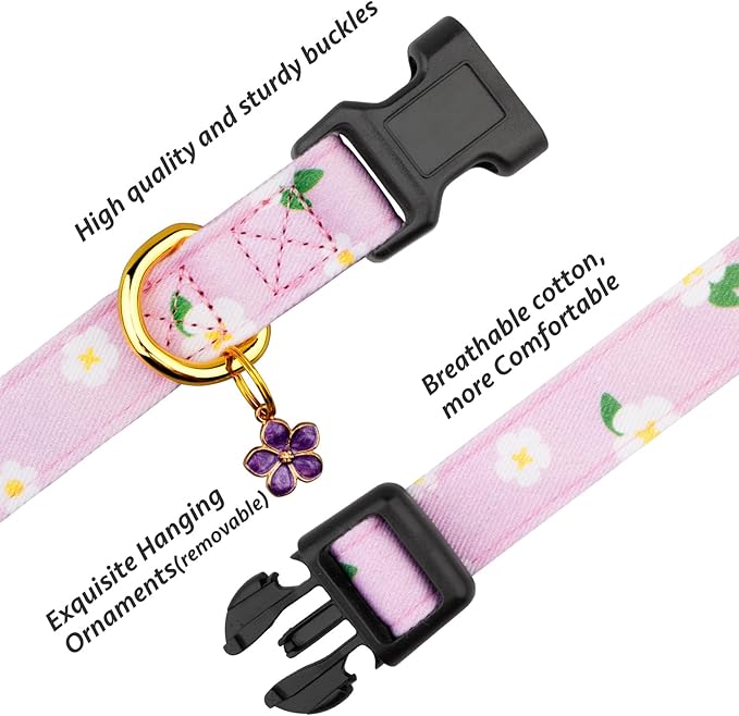 Cotton Handmade Dog Collar Cute and Distinctive Patterns Purple Flower with Pendant for Girl Boy Dogs Collars L