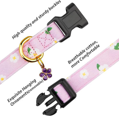 Cotton Handmade Dog Collar Cute and Distinctive Patterns Purple Flower with Pendant for Girl Boy Dogs Collars L