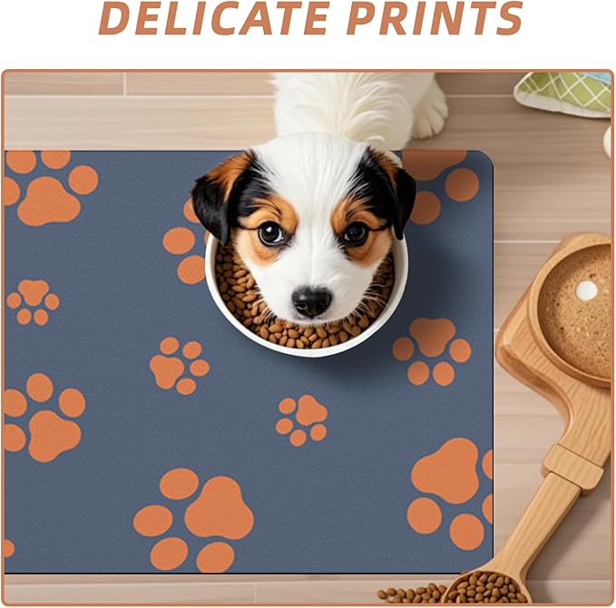 18"×30" Dog Food Mat-Absorbent Dog Mat for Food and Water, No Stains Quick Dry Cat Food Bowl Mat with Footprints for Messy Drinkers,Blue