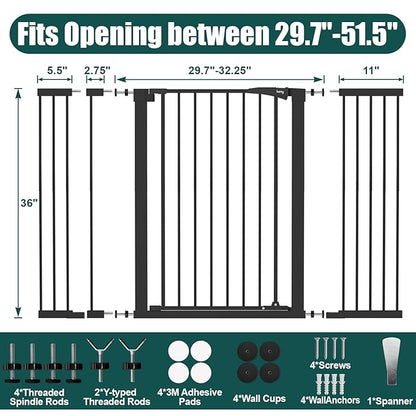keny 36" Extra Tall Baby Gate for Stairs, 29.7-51.5" Adjustable Width Auto Close Dog Gate for Doorways Hallways, Easy Walk Thru Pet Gate with 21.1" Large Opening Door, Black