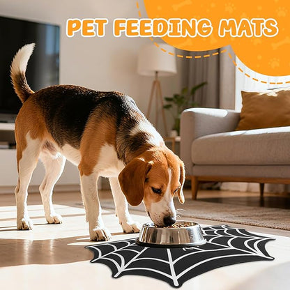 Dog Cat Food & Water Mat, Spider Web Pet Feeding Mat for Floor Non-Slip Waterproof, Super Absorbent Quick Dry Placemat Pet Food Bowl Mat, Halloween Decor, Pets Accessories Indoor (12 * 20 in)