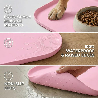 BLESWIN Non-Slip Silicone Dog Food Mat for Food and Water, 18" x 12" Raised Edge Pet Feeding Mat - Waterproof Dog Bowl Mat Easy Clean for Floor Protector,Pink
