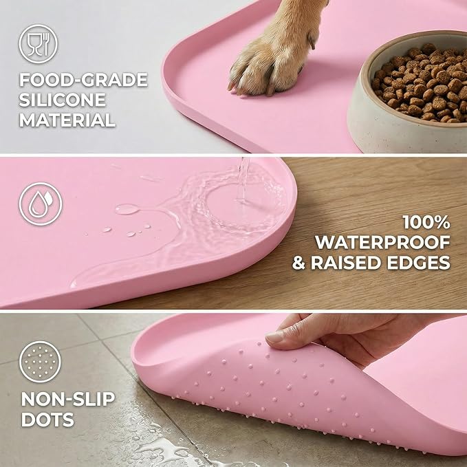 BLESWIN Waterproof Silicone Pet Feeding Mat Pink with Raised Edge,24" x 16"Non-Skid Spill Proof Dog Bowl Mats, Easy Clean Cat Bowls Placemat for Cats and Dogs