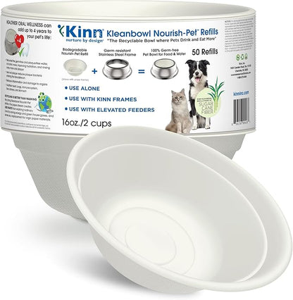 Kinn Kleanbowl Disposable Dog Food Bowls, 16 oz (Pack of 50) - Frame System Refills, Use for Travel, Boarding, or Crate, Compostable Pet Travel Bowl, No Plastic, Leakproof, Portable Dog Dish