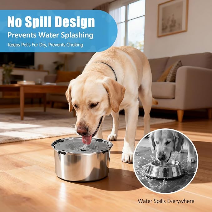 SCHITEC No Spill Dog Water Bowl for Large Dogs, 5.6L / 1.5 Gallon Stainless Steel Splash-Proof Slow Drinking Pet Dish with Floating Disk & Non-Slip Base, Mess-Free Design for Home or Travel-Gray