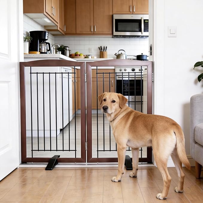 ZJSF Freestanding Dog Fence Indoor, Foldable Dog Gate for Doorways, Stairs or Hallways, Sturdy Wood Extra Wide Pet Gate with Support Feet for The House, Brown, 32 "Height-2 Panels