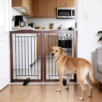ZJSF Freestanding Dog Fence Indoor, Foldable Dog Gate for Doorways, Stairs or Hallways, Sturdy Wood Extra Wide Pet Gate with Support Feet for The House, Brown, 32 "Height-2 Panels