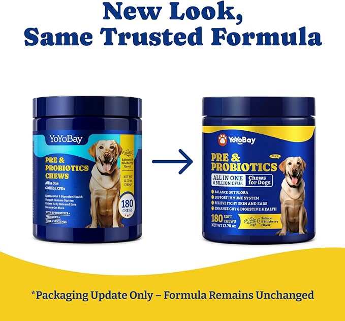 Probiotics for Dogs - Dog Probiotics for Gut, Immune & Skin Health - 6 Billion CFUs, 180 Soft Chews, Salmon & Blueberry Flavor - with Prebiotics & Digestive Enzymes