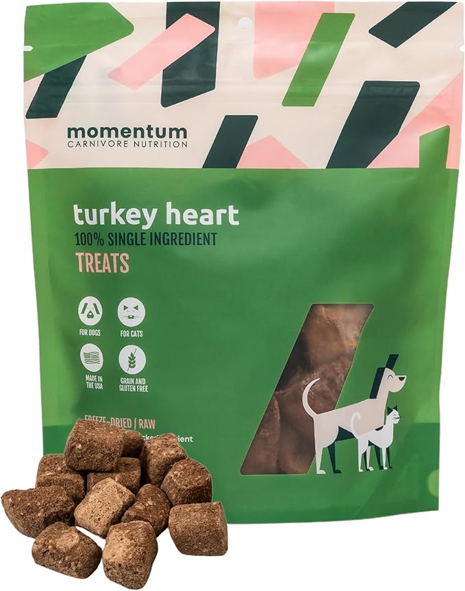 Momentum Carnivore Nutrition Freeze-Dried Turkey Heart Dog Treats & Cat Treats – Single-Ingredient, High-Protein, Grain-Free, Lean & Easily Digestible – Made in USA – 3 oz Bag