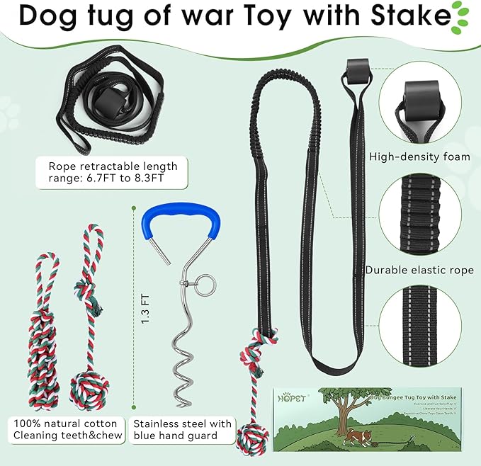 HOPET Bungee Tether Tug Outdoor Dog Toy with Stake,Tug of War Dog Toy for Aggressive Chewers to Keep Them Busy,Outdoor Interactive Dog Rope Toy for Medium/Small Dogs,Can Used On Lawns,Trees and Doors