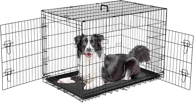Sweetcrispy 42 Inch Dog Crate, Medium Large Crates Double Door Folding Metal Wire Dog Cage with Plastic Leak-Proof Pan Tray, Pet Kennel for Indoor, Outdoor, Travel