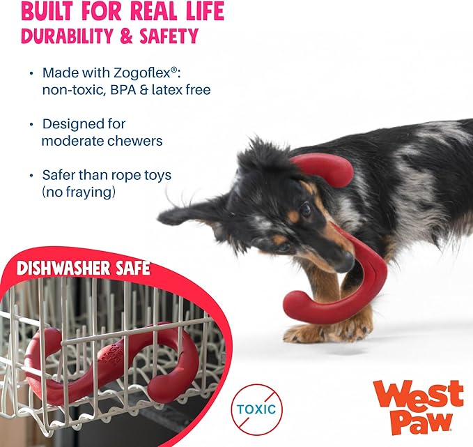 WEST PAW Zogoflex Bumi Dog Tug Toy – S-Shaped, Lightweight Chew Toys for Fetch, Play, Pet Exercise – Tug of War Soft Flinging Squishy Chewy Toy for Dogs – Guaranteed, Latex-Free, Small 8", Ruby