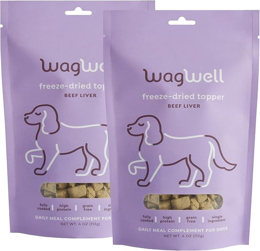 WagWell Freeze-Dried Dog Food Topper, Beef Liver Flavor | Training Treats, Food Topper, Healthy Snack for Dogs | Human Grade, Grain Free, High Protein | Made in USA | 4 oz Bag, 2 Pack