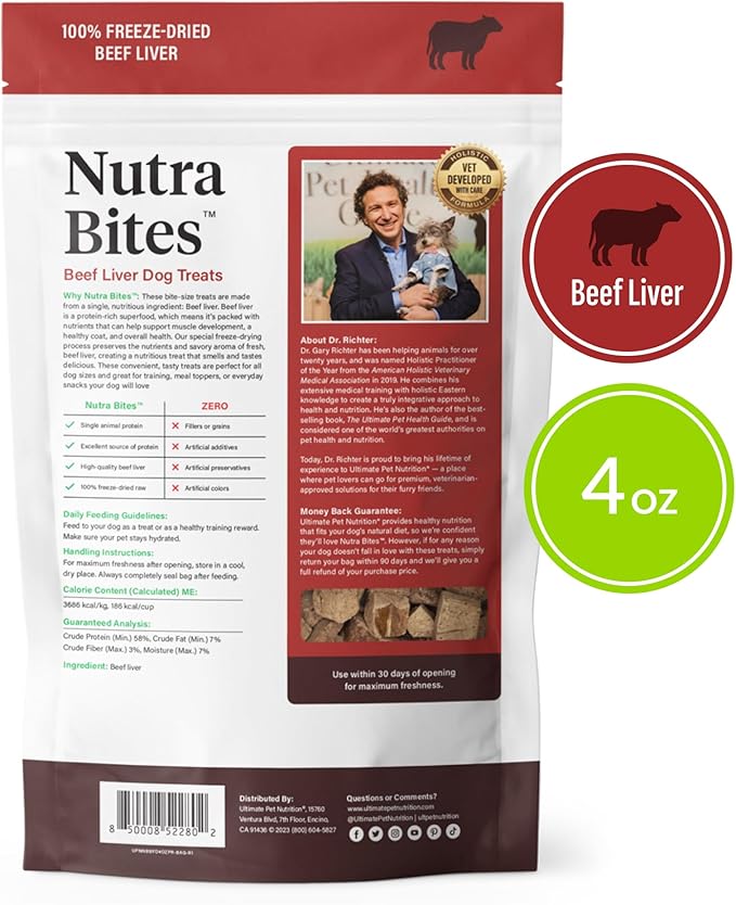 ULTIMATE PET NUTRITION Nutra Bites Freeze Dried Raw Single Ingredient Training Treats Food Topper for Dogs, 4 Ounces, Beef Liver