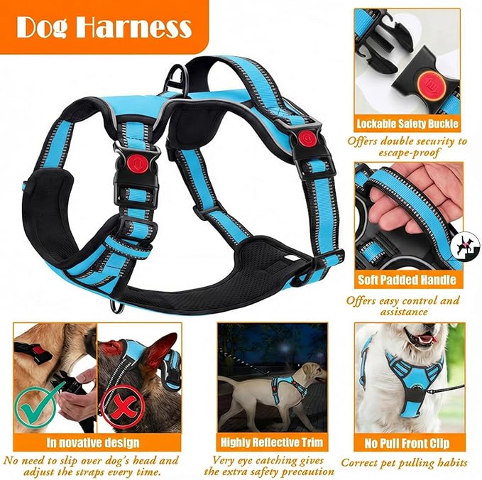 No Pull Dog Harness, Collar & Leash Set with Retractable Dog Seat Belt, Collapsible Dog Bowls and Poop Bag Dispenser - Ideal for Training, Walking, Hiking - Fits Small to Large Dogs(Blue-M)