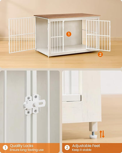 Feandrea Wooden Dog Crate Furniture, 48 Inches Heavy-Duty Kennel for Dogs up to 110 lb, with Double Doors and Enclosed Wood Base, Modern Pet Cage End Table Indoor, Rustic White and Honey Brown