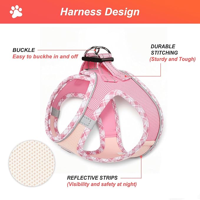 Hipubby Dog Harness Small Sized and Leash Set, No Pull Soft Mesh Puppy Vest, Reflective Breathable Lightweight Pet Harness, Harness for Small Medium Dogs and Cats - Light Pink S