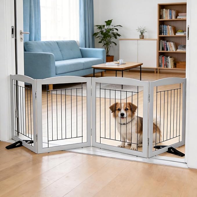 ZJSF Freestanding Dog Fence Indoor, Foldable Dog Gate for Doorways, Stairs or Hallways, Sturdy Wood Extra Wide Pet Gate with Support Feet for The House, Grey, 24 "Height-4 Panels