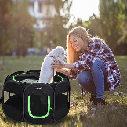 Portable Pet Dog Playpen, Pet Playpen Foldable Extra Heavy Duty Pop Up No Assembly Kennel Tent Crate Indoor Outdoor with Shade Ventilation Mesh for Small Dog, Kitten, Cat, Rabbit (Black)