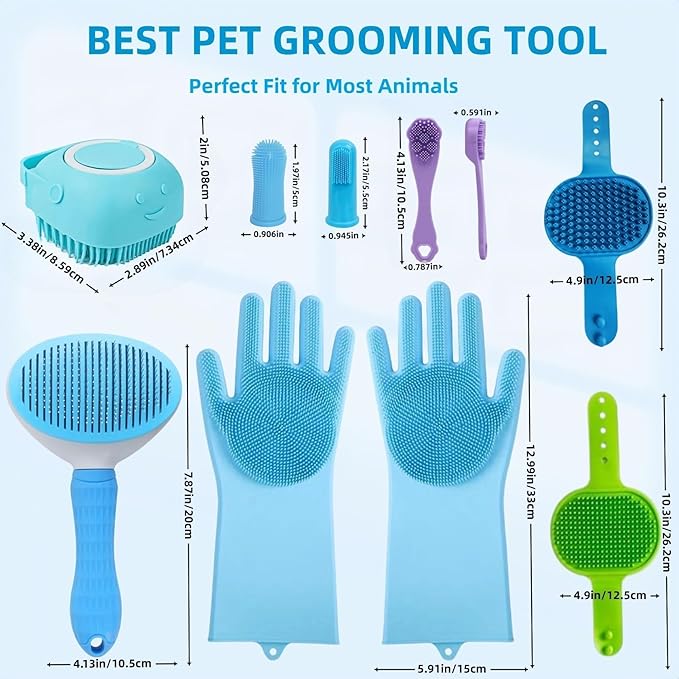 9-in-1 Pet Grooming Kit:Deshedding Brushs,Massage Gloves Brush,Silicone Finger Toothbrushes,Shampoo Bath Brushs,Slicker Brush – Complete Grooming Set for Dogs, Cats, and Small Animals