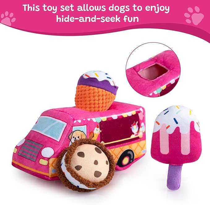 Hollypet Squeaky Dog Toy, Interactive Plush Hide and Seek Dog Toys for Small Medium Sized Dogs and Non-Aggressive Chewers, Puppy Teeth Clean Chew Toys, Ice Cream Truck