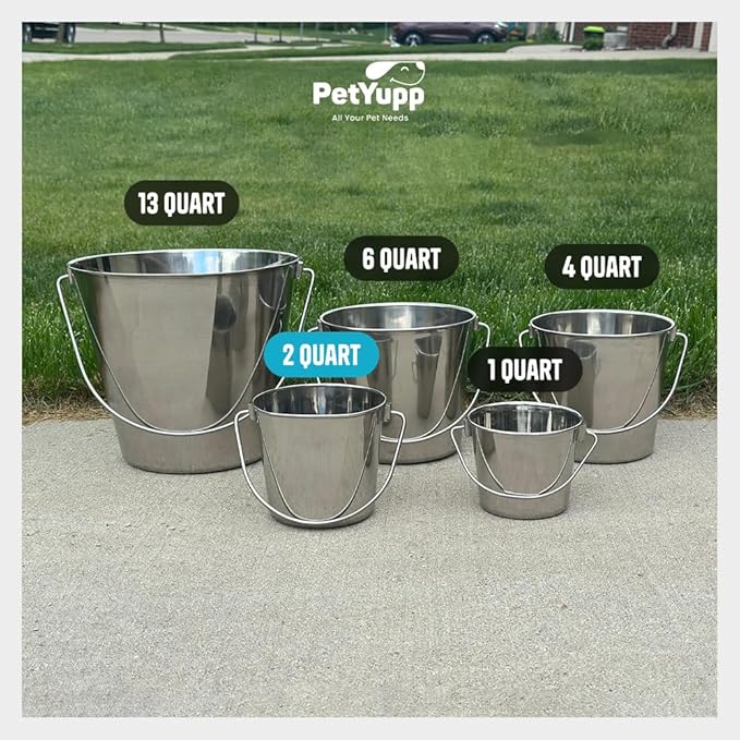 Heavy Duty Stainless Steel Bucket 2 Quart - Half Gallon Flat Side Metal Bucket for Feeding & Watering Pets, Livestock & Cleaning - Perfect for Crates, Kennels, Cages & Hang on Fences
