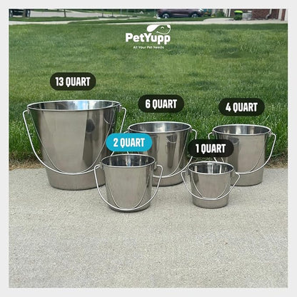 Heavy Duty Stainless Steel Bucket 2 Quart - Half Gallon Flat Side Metal Bucket for Feeding & Watering Pets, Livestock & Cleaning - Perfect for Crates, Kennels, Cages & Hang on Fences