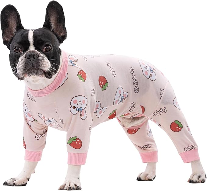 Dog Recovery Suit for Surgery - Soft Onesie, Cute Pajamas Bodysuit, Cone Alternative - Prevent Licking - Female/Male (Small, Bunny Strawberry)