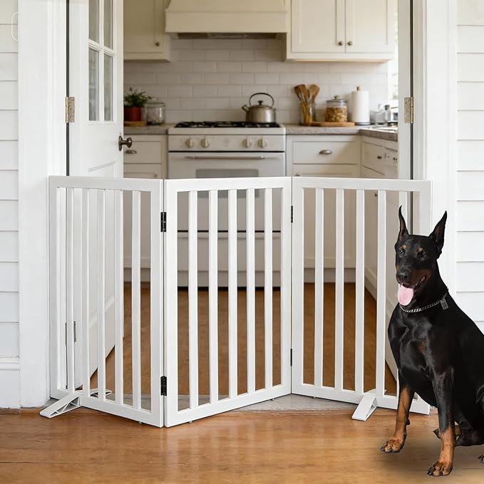 Dog Gate Indoor, Freestanding Dog Fence for The House, Doorways, Hallways,or Stairs,Pet Gate Foldable Wooden,Expandable 32" Height 3 Panels,White