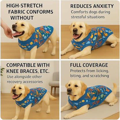 PetWarm Dog Recovery Substitute E-Collar Cone, Onesie for Dogs, Anti-Licking Dog Surgical Recovery Pajamas, Bodysuit for Abdominal Affected Areas Sensitive Skin Areas, Zoo Pattern, Blue, L