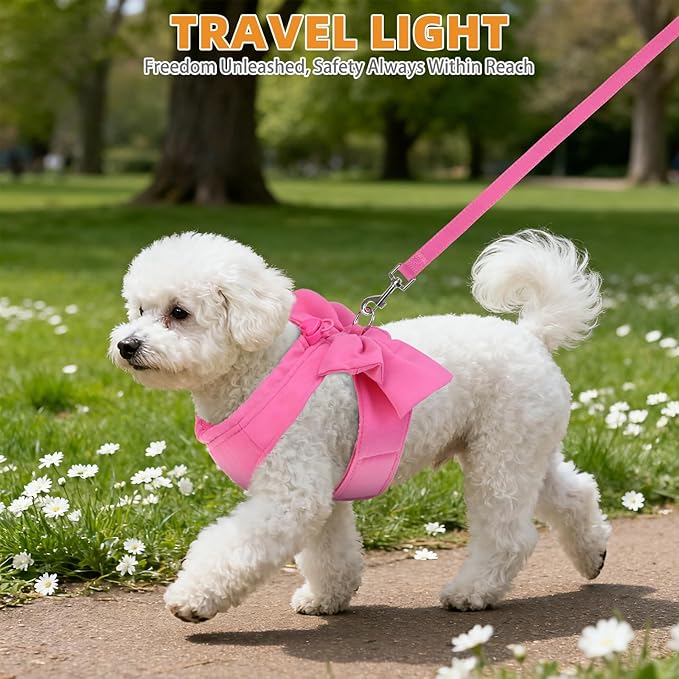 KOOLTAIL Small Dog Harness and Leash Set, Cute Puppy Vest Harnesses with Bowtie for Girl Outfit, Step in No Pull Soft Mesh Padded Adjustable Pet Harness for Extra-Samll Medium Dogs Cats, XS S, Pink M