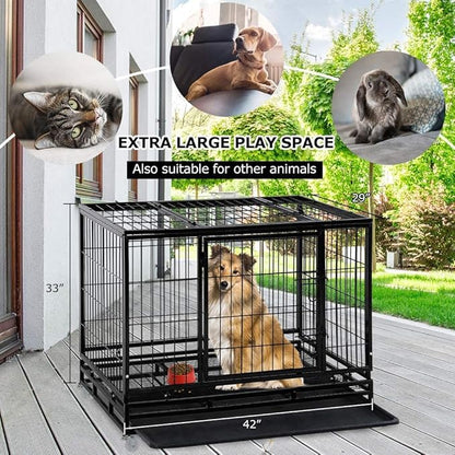 FDW Dog Crate Dog Cage Dog Kennel for Large Dogs Heavy Duty 42 Inches Pet Playpen for Training Indoor Outdoor with Plastic Tray Double Doors & Locks Design