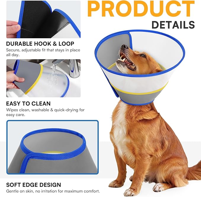 Queenmore Dog Cone - Soft Cone for Dogs to Stop Licking Transparent Elizabeth Recovery Collar for Large Dog Flexible Plastic Cones for Dogs After Surgery, Normal Eating and Drinking, Blue Large