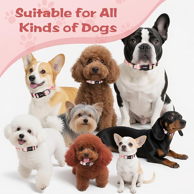 Kazazoo Dog Collar Cute and Soft Nylon Puppy Collar Girl, Adjustable Dog Collars for Medium Large Dogs, Pink Flowers-L