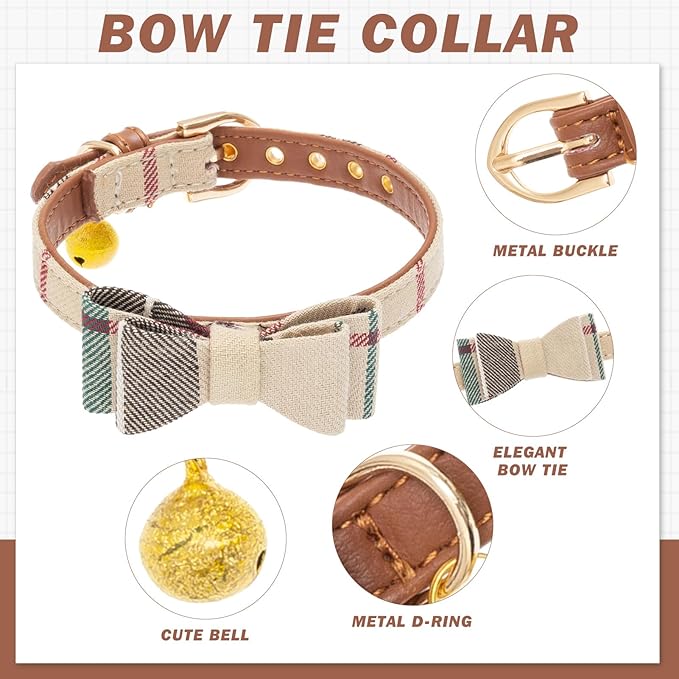 EXPAWLORER Dog Collar and Bandana Set - Classic Plaid Dog Bow Tie and Bandana Collar with PU Leather, Adjustable Collars for Small Medium Large Dogs Cats, Holiday Ideal Gift, Beige S