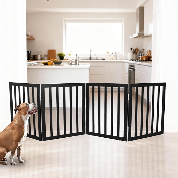 ZJSF Freestanding Indoor Dog Gate for House Foldable Wood Black Puppy Gate for Doorways Pet Gate for Stairs Extra Wide Pet Fence 24" Height 4 Panels