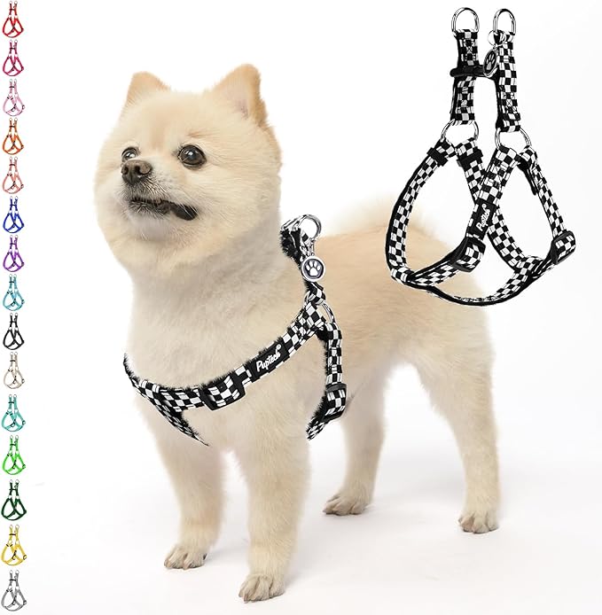 PUPTECK No Pull Dog Harness Soft Adjustable Basic Nylon Step in Puppy Vest Outdoor Walking with ID Tag, Checkered Black&White, S
