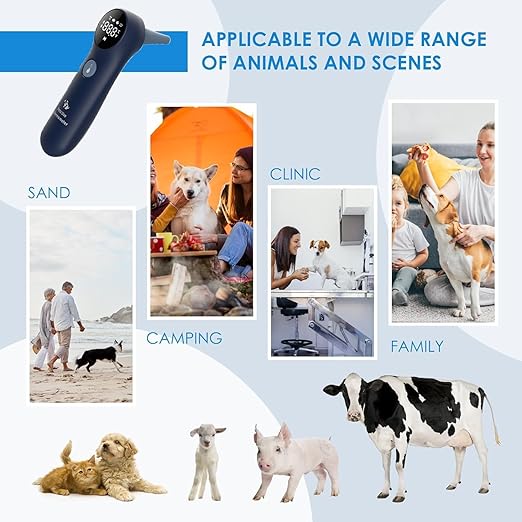 Pet Ear Thermometer for Dogs, Cats, and Livestock, Long Probe Designed, ℃/ ℉ Convert and Sound Switch Dedicated Button, 1 Second Measurement, 20 pcs Pet Swabs Included