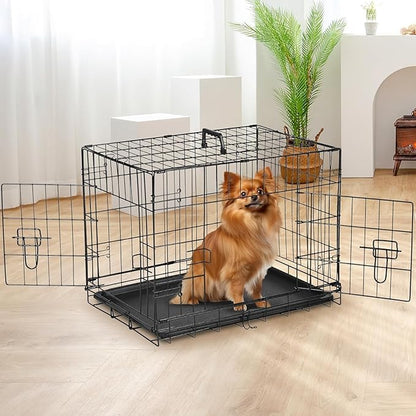 Simple Deluxe 24-Inch Small Dog Crate with Divider, Double Door Folding Metal Wire Cage with Leak-Proof Plastic Tray, Portable Pet Kennel for Indoor, Outdoor, and Travel