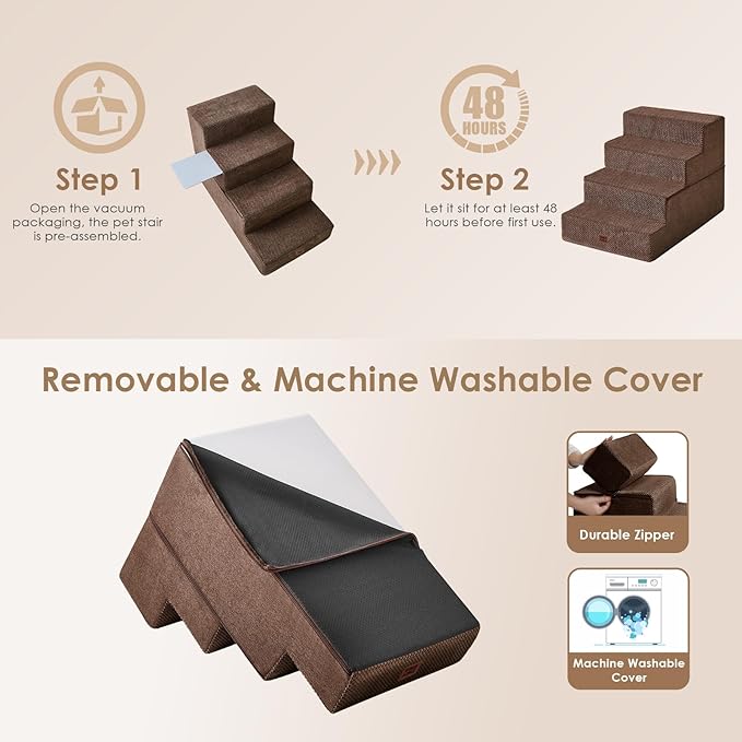 EHEYCIGA Dog Stairs for Bed 20" H, 4-Step Extra Wide Dog Steps for High Bed, Pet Steps for Small Dogs and Cats, Non-Slip Balanced Pet Ramp Indoor, Brown