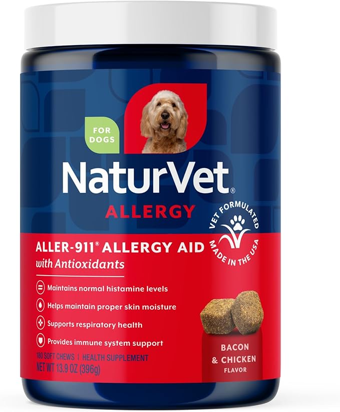 NaturVet Aller-911 Advanced Allergy Aid for Dogs, Cats – Antioxidant-Rich Pet Supplement with Omegas, DHA, EPA – Helps Support Dog Immune System, Cat Respiratory Health, Skin Moisture 180 Soft Chews