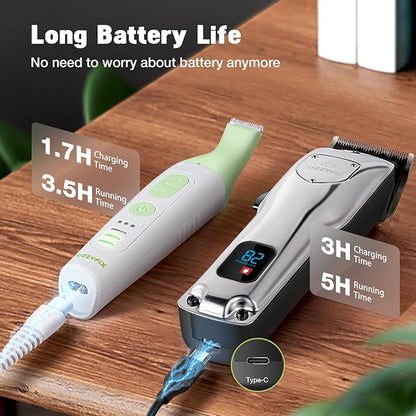 Dog Grooming Kit, Dog Clippers for Grooming for Thick Heavy Curly Coats, Professional Pet Paw Trimmer with Nail Grinder Low Noise Rechargeable Stainless Steel Hair Trimmer for Dogs Cats