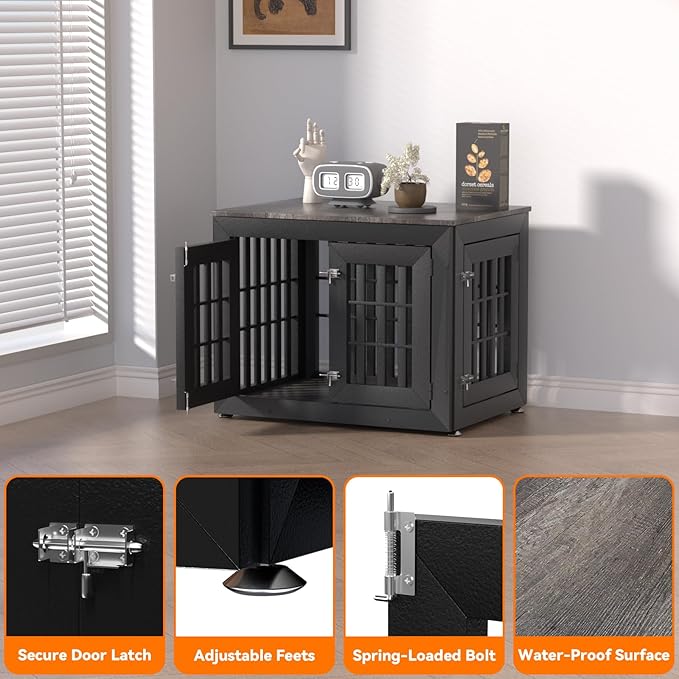 Snuowu 32" Heavy Duty Dog Crate Furniture for Small,Medium and Large Dogs,Rustic Wooden Dog Cage Kennel Indoor Furniture with Waterproof Top,Decorative Pet House Side End Table (Black & Grey)