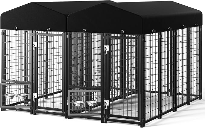 2PCS Dog Kennel Outdoor, Large Outside Dog Kennel with Roof & Swivel Feeders/Removable Doggy Door Allow Connecting Your Dog House, Heavy Duty Dog Run Pen for Medium/Large Dogs (8'Lx4'Wx6'H)