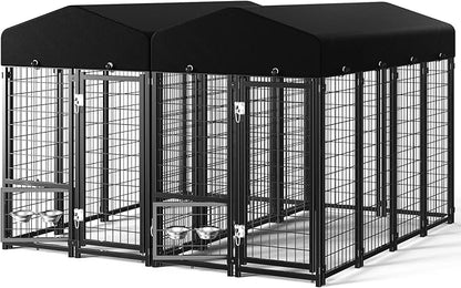 2PCS Dog Kennel Outdoor, Large Outside Dog Kennel with Roof & Swivel Feeders/Removable Doggy Door Allow Connecting Your Dog House, Heavy Duty Dog Run Pen for Medium/Large Dogs (8'Lx4'Wx6'H)