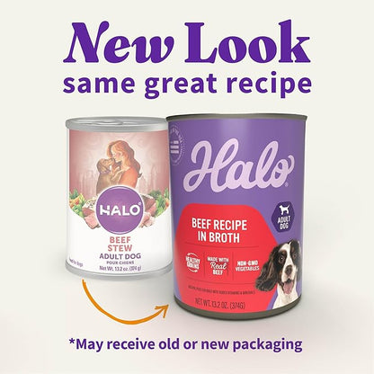 Halo Wet Dog Food Whole Beef Stew Recipe, Healthy Grains Real Meat Canned Dog Food, Meal or Topper, 13.2 Oz Can (Pack of 6)