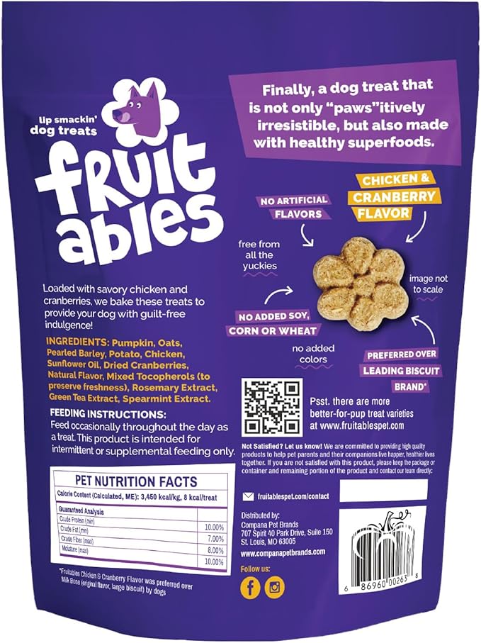 Fruitables Baked Dog Treats, Healthy Pumpkin Treat for Dogs, Low Calorie & Delicious, Made Without Wheat, Corn and Soy, Made in The USA, Allergy Friendly, Chicken and Cranberry Flavor, 7 oz