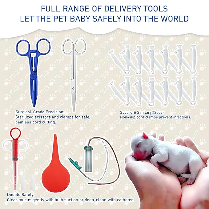 Puppy Whelping Kit, Kitten Puppy Whelping Supplies, Newborn Puppy Essentials, Whelping kit for Puppies Birth, Whelping Collars, Digital Thermometer, Stethoscope, Sputum Aspirator and More