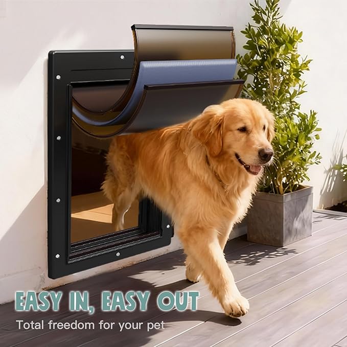 Durable Frame 3-Flaps Insulated Wall Dog Door, Extreme Weather Large Doggy Door for Wall, Never Rust Wall Pet Door, Telescoping Tunnel, 2 Magnetic Flaps, Closing Panel, for Pet Up to 100lb